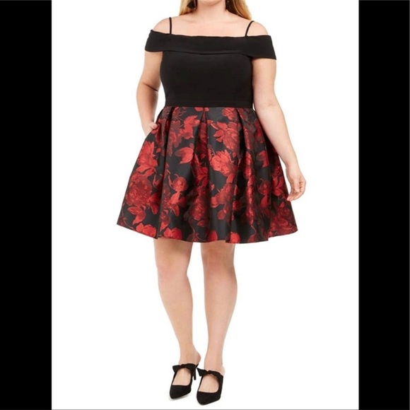 Morgan & Co Women Plus Size Off Shoulder A-Line Black/Red Floral Dress - Picture 1 of 4